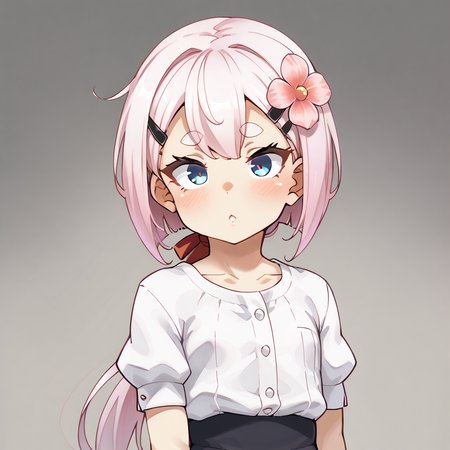 score_9, score_8_up, score_7_up, score_6_up, score_5_up, score_4_up, source_anime, anime screencap, masterpiece, insanely detailed, detailed background, zPDXL3, break, tnsrk612style, Vinum(SP),1girl,solo,blue eyes,thick eyebrows,long hair,low ponytail,white hair,pink hair,hairclip,hair flower,bow,red ribbon,white shirt,short sleeves,flat chested