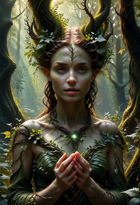 score_7 up, A detailed image of a dryad, a mythical tree spirit, in a dense, lush forest at night. The dryad is a young mature woman, seamlessly blending with the natural elements. She has green bark-like skin, leaves in her hair, and vines wrapping around her arms. The forest is filled with towering trees, thick underbrush, and a variety of foliage. There is a mystical, yet natural feel to the environment, conveying a sense of harmony and tranquility. Surrounded by fairydust in an enchanted forest.
(((upper body))),
 <lora:add-detail-xl:1>
 <lora:Dynamic Poses:1>, Dryad, 3nch4nt3d f0r3st