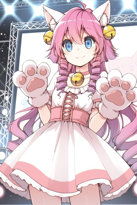 masterpiece, best quality, amazing quality,
 <lora:CrzNghbr_IL:1> crznghbr, animal ears, 1girl, pink hair, animal hands, bell, cat ears, long hair, gloves, drill hair, solo, paw gloves, smile, blue eyes, stage, dress, neck bell