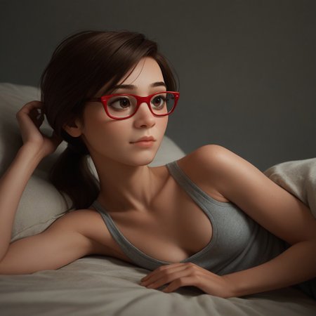 score_9, score_8_up, score_7_up, score_6_up, score_5_up, score_4_up, 1girl, Ji_llA, red framed eyewear, ponytail, portrait, small saggy breasts, older woman, laying on side, portrait, cleavage, sexy pose, content look,