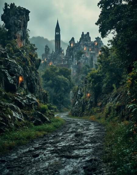 <lora:City_Worlds_01_v1_Roads_flux:1> realistic photo of citybkg, clouds, ambiance, detailed, futuristic, vegetation, ambiance, evening, clouds, very detailed, illuminated, mist, from tail, vegetation, big rocks, sinuous road, very narrow, in the forest, wet dirty muddy road, lots of wet mud with grass, creepy, depth of field, very old trees, roots, broken abandonned graveyard,