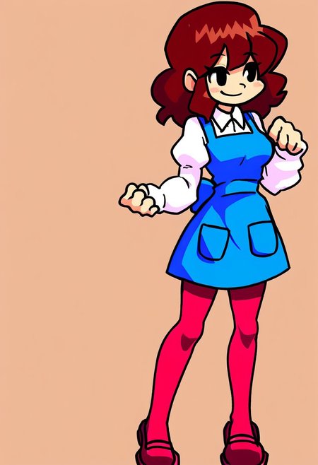 1girl, solo, smiling, (brown-pantyhose, white-collared-shirt, long-puffy-sleeves, blue-short-apron, blue-pinafore-dress, waist-tie:1.3), pink-wavy-pigtail-hair, (breasts, slim, curvy)
