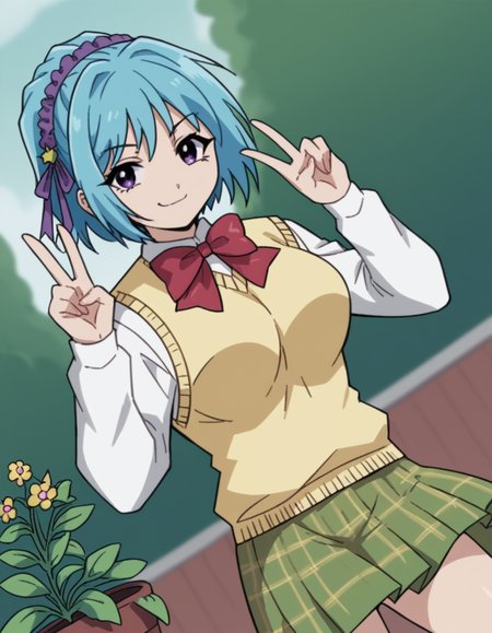 score_9, score_8_up, score_7_up, source_anime, <lora:kurumu-kurono-s2-ponyxl-lora-nochekaiser:1>, kurumu kurono, short hair, blue hair, purple eyes, ponytail, ribbon, hair ribbon, hair ornament, large breasts,, shirt, white shirt, long sleeves, bow, red bow, sweater vest, yellow sweater vest, skirt, plaid skirt, green skirt, socks,, gardening, watering plants, backyard, flowers blooming, sunny day,, , v, v over mouth, smug,, looking at viewer, solo,, dutch angle, cowboy shot