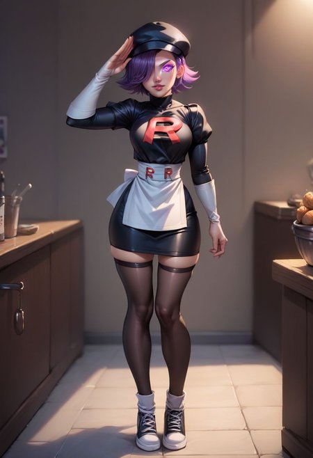 score_9, score_8_up, score_7_up, rating_questionable, rating_explicit, source_realistic,  Colette Tatou from Ratatouille, full body, hair over one eye, TMRckt, team rocket, team rocket uniform, ((clothes writing)), purple eyes, glowing eyes, mind control, salute, narrow waist, apron