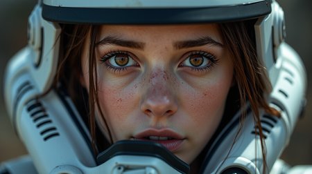 Ultra-photorealistic cinematic film still of Alicia Vikander as a Star Wars Stormtrooper, reimagined with a blend of realism and sci-fi aesthetics. Alicia’s face is partially visible through the slightly raised visor of a sleek, battle-worn Stormtrooper helmet. Her expression is intense and focused, her piercing brown eyes reflecting both determination and the weight of her role as a soldier in the Galactic Empire. A faint sheen of sweat glistens on her forehead, and her dark brown hair is slightly tousled, with strands peeking out from beneath the helmet, adding a sense of realism to her appearance.
