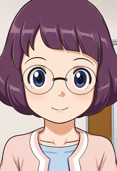 <lora:Hyper-SDXL-8steps-lora:1> score_9, score_8_up, score_7_up, best quality, uncensored, source_anime, 
BREAK
front view, little smile, closed mouth, standing, looking at viewer, upper body, portrait, close-up face, facing viewer, indoors, 
no background, white background, 1girl, (blush:-1), 
<lora:YW-misora_inaho_XL(pony)v10:1> yw-inaho, purple hair, bob cut, short hair, glasses, pink cardigan, blue shirt, white skirt, black leggings, yellow shoes,
