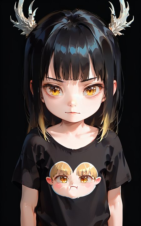 score_9,score_8_up,score_7_up,
<lora:drzhiguiPony3:1>,dragongirl,solo,scale,1girl,black hair,yellow eyes,horns,fish scale,antlers,looking at viewer,upper body,long hair,bangs,pale skin,lips,closed mouth,blunt bangs,collarbone,dragon horns,Child,Gradient hair color,dark background,(child:1.3),petite,chibi,kawaii,round face,<lora:v6:0.9>,(t-shirt:1.3),