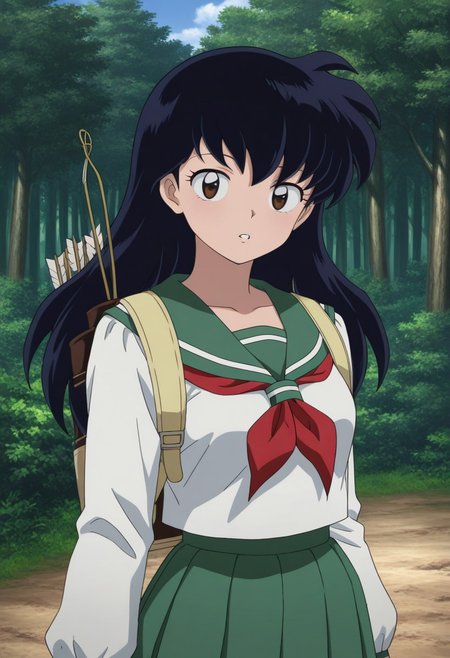 best quality, masterpiece, amazing quality, very aesthetic, absurdres, 
1girl, solo, 
kagome, 
looking at viewer, parted lips, 
outdoors, forest