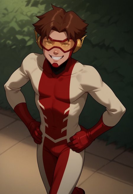 score_9, score_8_up, score_7_up, highly detailed, cute boy, 1boy, solo, Impulseyj, red framed goggles yellow lenz, red and white bodysuit, brown hair, smug smile, hands on hips, running motion,