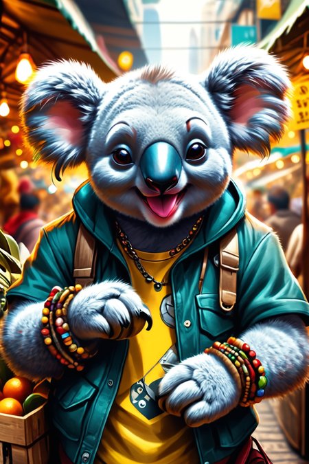 Detailed digital illustration of an anthro Koala (Winking playfully, cheeky expression) at a Underground market with encrypted currency transactions, <lora:xl_more_art-full_v1:0.5>,  <lora:anthro_muscular:0.7>,  <lora:MJ52:0.6>, <lora:madpunk:0.4> madpunk
