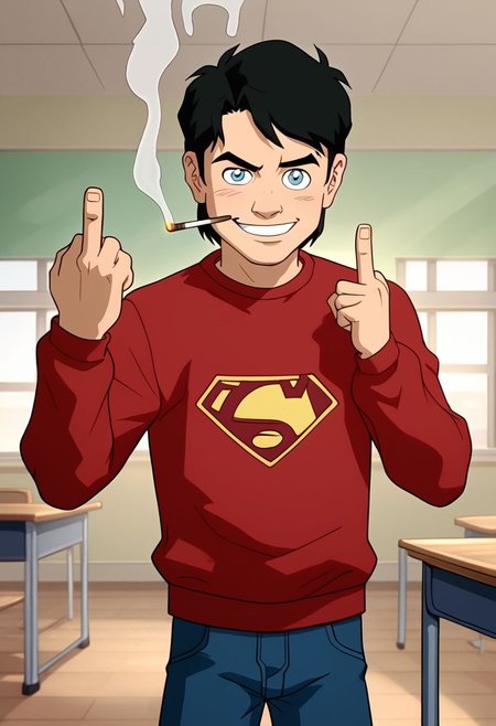 High Quality,  Billy batson, small body, solo, 1boy, black hair, blue eyes, red tshirt, bluejeans, young, smoking marijuana, ecstasy face, classroom, raised eyebrow, mischievous smile, looking at viewer, giving middle finger,