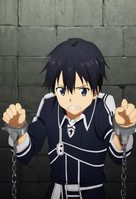 high resolution, solo, best quality, 1Boy, Kazuto Kirigaya, Black Hair, Black Eyes, arrested, restrained, struggling, handcuffs, interrogated, interrogation room, OverallDetail