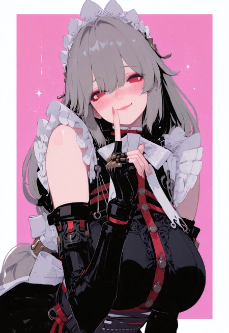 masterpiece, best quality, good quality, newest, highres, absurdres, 
1girl, Rina/(zenless zone zero)/, Alexandrina Sebastiane, solo, grey hair, long hair, multi-colored eyes, red eyes, hair ornaments, huge breasts, maid outfit,maid headdress white with frills, long silver hair with bangs, red eyes with subtle makeup, black and white gothic maid dress, high collar with white bow, black bodice with red cross straps and silver buttons, puffed black sleeves with white trims, black gloves with red accents and metallic claws, layered white apron with intricate embroidery, black skirt with white lace trim, black and red armbands, black waist corset with red straps, white ruffled shoulder accents, subtle fabric folds and realistic lighting effects , lips, Black pupil, looking at viewer, blush, smile, closed mouth,long sleeves, fingernails, head tilt, index finger raised, finger to mouth, underbust, pink background, leaning forward, huge breasts, white borders, borders, out of border, upper body, Flatline, Flat vector illustration, flat vector background,<lora:illustriousXL_stabilizer_v1.23:0.3> <lora:NOOB_vp1_detailer_by_volnovik_v1:0.3> <lora:ponyv6_noobE11_2_adamW-000017:0.3> <lora:XXX667:0.7> <lora:checkpoint-e18_s306:2>, <lora:Rina_Alexandrina_Sebastiane_-_Zenless_Zone_Zero_ZZZ__Illustrious:1>, 