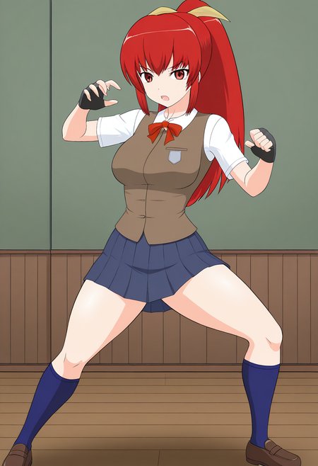 1girl, solo, satsukirindorival, red hair, ponytail, hair ribbon, red eyes, shirt, short sleeves, vest, breasts, skirt, fingerless gloves, blue socks, shoes, school uniform, indoors, fighting stance, open mouth