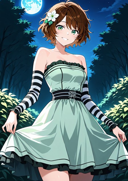 <lora:Caria_Rede__The_Beginning_After_the_End___Illustrious:1>
1 girl, solo, short hair, messy hair, wavy brown hair, green eyes, athletic body, 
flower hair accessory, elegant mint green strapless dress with black and white layered accents, striped black and white detached sleeves
score_9, score_8_up, score_7_up, source anime, BREAK, cowboy shot, Masterpiece,(perfect female body:1.2), small waist, (incredibly detailed:1.4), slim, beautiful fingers, beautiful skin, looking at viewer, breasts, skirt hold, long sleeves, smile, garden backgroun, exterior, background, looking at viewer, night, blue moon