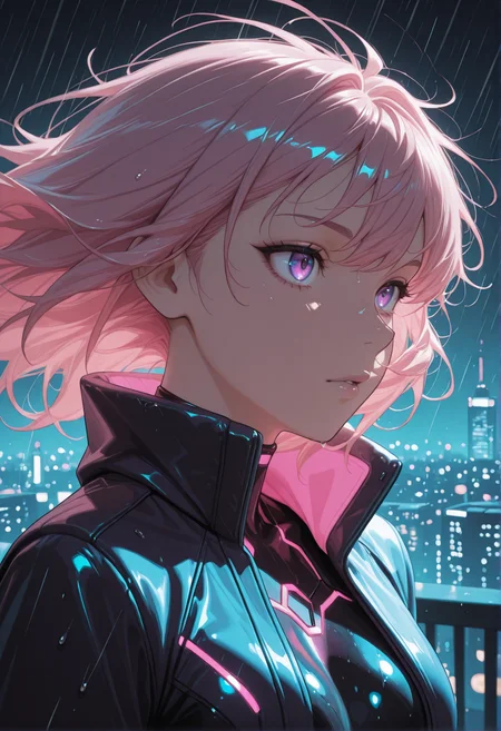 <lora:CivChan:1> Civchan, CivChan, digital art, pink hair, purple eyes, up close portrait,  wearing a futuristic cyberpunk jacket with neon trim, black bodysuit underneath, standing confidently atop a glowing rooftop at night, overlooking a neon-lit cityscape, wind blowing through her hair, soft ambient glow from city lights, rain-speckled surfaces reflecting vibrant colors, high-resolution, ultra-detailed, cinematic composition, moody lighting, dynamic pose, cool-toned palette with vivid accents