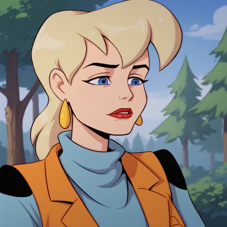 score_9_up, score_8_up, BREAK, MaxMom, 1girl, solo, blonde hair, blue eyes, lipstick, earrings, blue turtleneck sweater, vest, upper body,  <lora:MaxMom_MightyMax_PXL_Leaf1:1>, outdoors, forest,