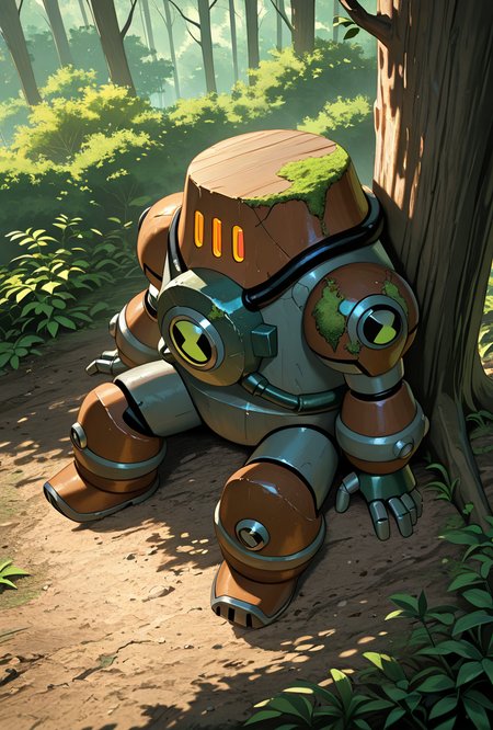 <lora:nrg-06:1> nrg, solo, robot, no humans, armor, open mouth, under tree oak tree, in the shades, sitting on ground, leaning on tree, side view, from above, above view,  , forest, brown rusty, birds eye view, dead, lifeless, moss growing on armor,, masterpiece, best quality, amazing quality, very aesthetic, absurdres, newest,