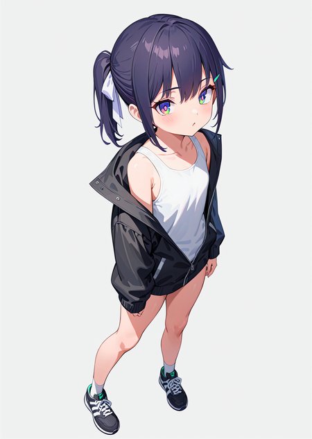 (best quality, masterpiece:1.2),
full body, 
1girl, solo,
petite, ponytail, short hair,
black hair, hair ribbon, two-tone hair,  looking up, 
multicolored eyes, green eyes, purple eyes, white pupils, 
black jacket, white tank top, 
black pants,  bare legs, white legwear, black sneakers, 
standing, 
highres,sharp focus,Professional,Impasto,
front view, medium view,
reality_ray_tracing,ambient_light,
simple background, grey background, 
<lora:ASYLJ77-000009-XL-02:0.9>