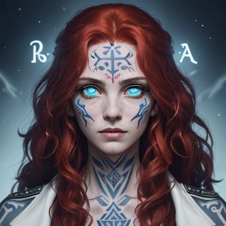 bright red hair, human female, (feminine:1.7), (beautiful face, detailed face:1.6), (beautiful eyes, detailed eyes:1.7), (looking at viewer, eye contact, intense:1.6), (long hair, red hair, curly hair:1.3), , ((masterpiece, best quality, high resolution, realistic, best quality,)), photo realistic, Perfect Face, (detailed face). <lora:GoodHands-vanilla:0.6> <lora:add-detail-xl:0.8>, mage, (Dress White military uniform coat), dagger, rune dagger, glowing runes, , (((glowing magic symbols tattoos, religious tattoos))), ((face tattoos)), glowing tattoos, stone tower in the background