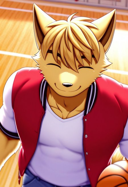 <lora:DanielDxO_ILLXL:1>, daniel, dingo boy, blond fur, blond hair, short hair, dog tail, brown eyes, no humans, perfecteyes, furry male, furry, anthro, 1boy, solo, muscular, athletic build, large pectorals, beautiful, highres, absurdres, hyper-detailed, depth of field, very aesthetic, soft shading, high sharpness, vibrant colors, dynamic angle, semi-realistic lighting, detailed background, basketball court, white shirt, red letterman jacket, open jacket, jeans, from above, portrait, smile, ^_^, upper body, holding basketball