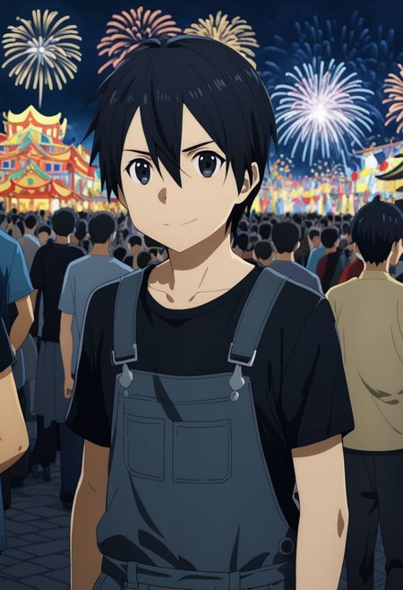 high resolution, professional photography, best quality, 1Boy, Kirigaya Kazuto, Black Hair, Black Eyes, overalldetail, festivals, nights, fireworks, crowds, happy