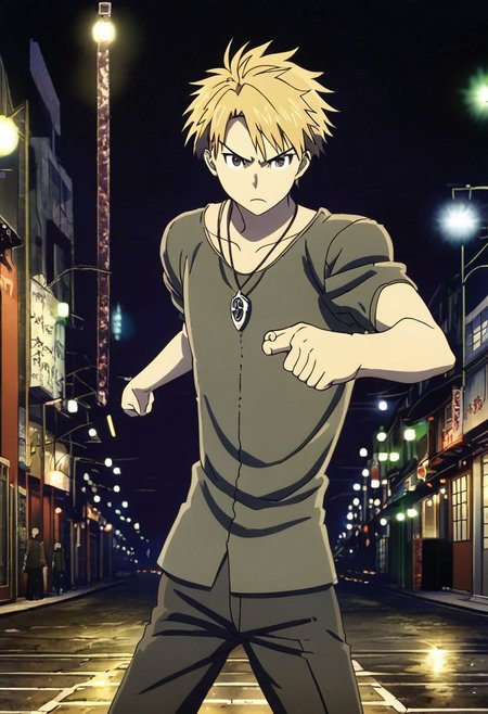 high resolution, solo, best quality, 1Boy, Yamato Ishida, Blond Hair, Necklace, potrait, midnight, dim street lights, mysterious, threatening, weapon, aiming the weapon to the viewer, OverallDetail