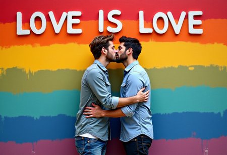 Rainbow background with text "LOVE IS LOVE", 2 men kissing, shirt, pants