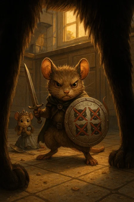 A richly detailed digital illustration of a heroic mouse knight standing defiantly on a kitchen floor in a residential house. The mouse is small but fierce, holding a sword in one paw and a round shield in the other. On the front of the shield are four hand-drawn cat faces, each crossed out with a bold red X, surrounded by intricate ornamental filigree patterns etched into the metal.

The mouse's expression is one of unwavering determination—eyes narrowed, stance grounded, fur bristling slightly with tension. Behind him, a mouse princess in a small, torn dress cowers, watching him with a mix of fear and hope. She has a jeweled tiara slightly askew and is hiding behind a fallen spoon or a crumb for scale.

In the foreground, two large feline legs dominate the upper portion of the frame, partially out of focus to emphasize perspective. The viewer sees the scene from beneath the cat—looming and massive in scale, with light from a kitchen window casting sharp shadows. Crumbs, dust, and tile patterns give the floor realism and scale contrast.