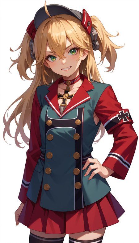 score_9,score_8_up,score_7_up,score_6_up, source_anime, hand on hips, smile
 <lora:Admiral Hipper:1>, AZHipper, 1girl, green eyes, long hair, blonde hair, ahoge, iron cross, white background, armpit cutout, looking at viewer, two side up, hair between eyes, simple background, collarbone, black thighhighs, headgear, bangs, choker, mole under eye, blush, hat, double-breasted, buttons, zettai ryouiki, red skirt, cowboy shot, pleated skirt, clothing cutout, long sleeves, sidelocks, military uniform, breasts, head tilt, armband, teeth