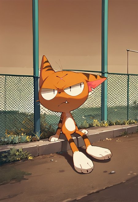 matatabi_ckc, solo, furry male, furry, looking away, orange fur, eyepatch, male, cat, scar, bored, narrowed eyes, half closed eyes, closed mouth, arms behind head, looking at viewer, sitting, next to fence, fangs, 1 eye, eye, backward, fence, (((score_9, score_8, score_7, high quality, high detail, detailed face, good anatomy, full body)))