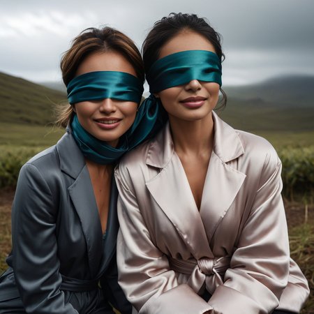 (((dark cinematic still with dark vibes))),one squatting  two hispanic middle aged women,<lora:Pony_Extra_Puffy_Jackets_V1:0.7> high_collar_jacket ,  satin_scarf_blindfold,smile,beautiful eyes,tea,stormy weather (mouth closed)
 <lora:satin_scarf_blindfold:0.7>
<lora:add-detail-xl:1>