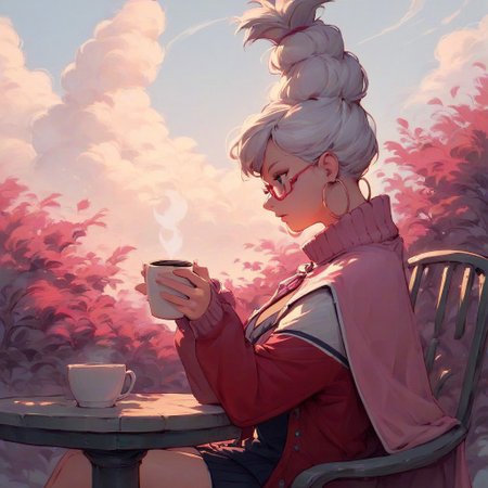 Expressiveh, score_9, score_8_up, score_7_up, solo
Break
seiko_wz, white hair, long hair, hair bun, single hair bun, large breasts, red jacket, letterman jacket, sweater, pink sweater, clavage, open clothes, open jacket, red glasses, two-tone jacket,  multicolored jacket, pink cape, cape, hair ornament, hoop earrings
,women sitting, siting on chair, coffee table, garden view, red trees, sky, clouds, side view, view from side, zoom out view, watching scenic beauty,