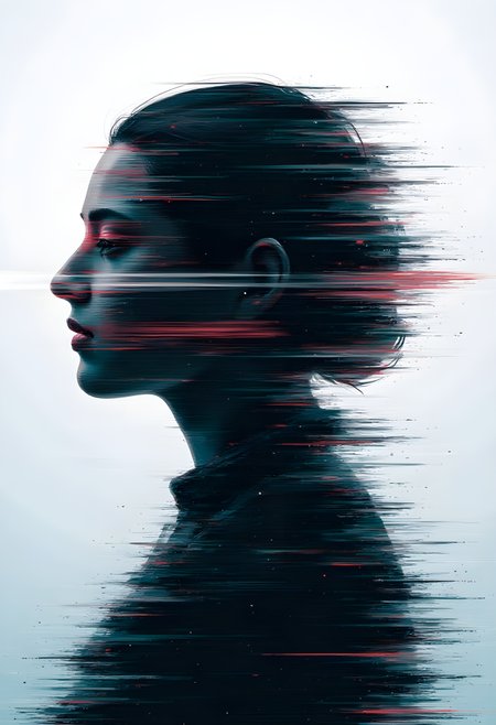 cinna flow, glitch art with linear distortion, horizontal scan lines and digital interference, vertical portrait of single human silhouette, minimal psycho drop pop splash bash background, horizontally distorted figure with scan line interference pattern, soft diffused lighting, corrupted data aesthetic with noise texture and horizontal artifacts