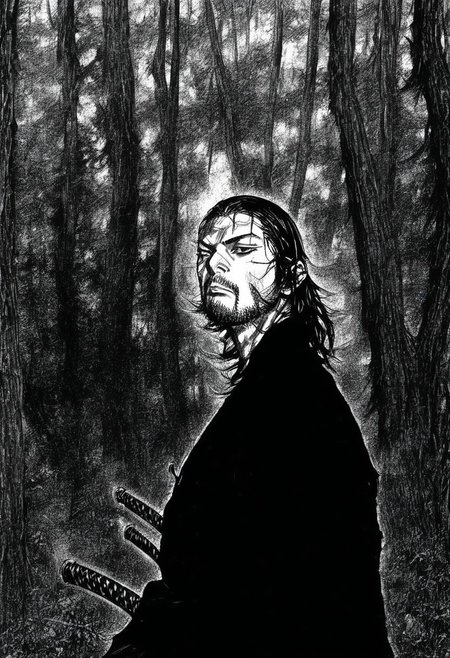 Vagabond, a close up three-quarters image of Miyamoto Musashi posing in a Jungle, trees in the background.