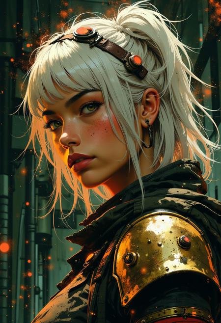 mythp0rt, closeup side portrait of korean woman wearing fantasy leather and bronze plate armour, messily bleached white hair in a long straight-cut bob, bangs, with solarization Gradient style effect