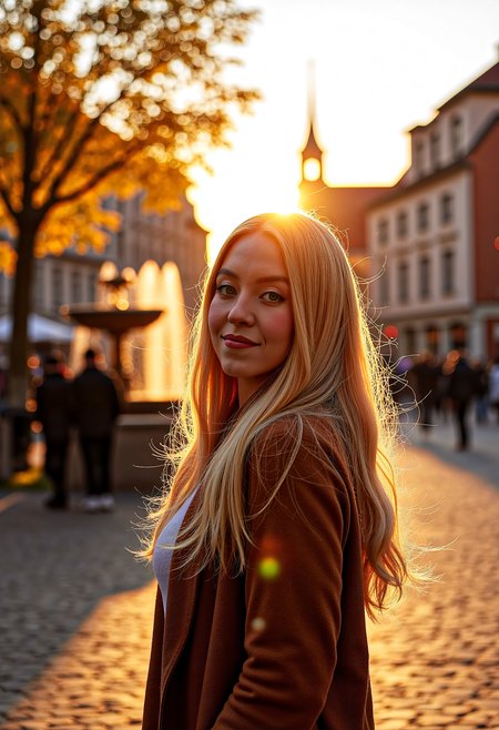 sw33ny, close-up shot,  photorealism, photography of a beautiful woman, standing on a cobblestone street, sunset,  wearing casual autumn clothes, long blonde hair, smiling warmly, outdoors, sunny morning, autumn foliage, traditional houses, fountain,  vibrant colors, detailed, photorealistic,looking to the side, wind, hair flowing over, crowded, 