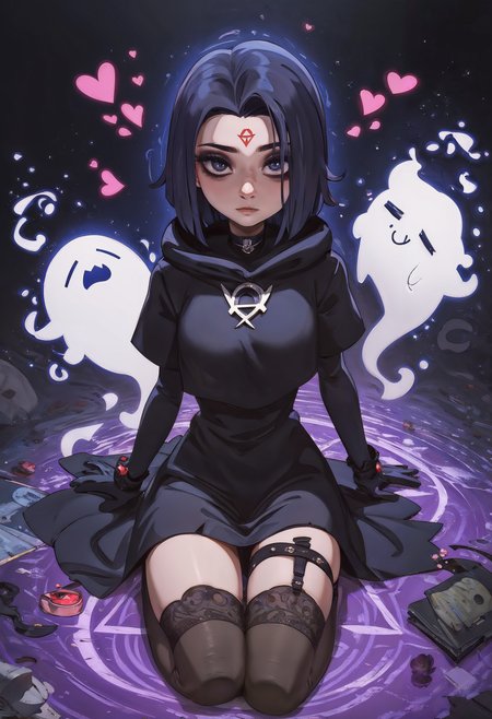 score_9, score_8_up, score_7_up,  hex magic, gothic outfit, black dress, raven (DC), shadow magic, summoning magic, cute ghosts, innuendo, d4lm4u, thighhighs, black hearts, gloves,  <lora:Expressive_H-000001:0.8>, expressiveH  <lora:Pony_DetailV1.0:0.9> <lora:D4lm4uXLP:0.9>