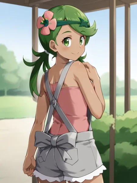 <lora:mallmaowtsukishiro:0.7>
1girl, solo, maollow, dark skin, green hair, low twintails, hair ornament, hair flower, green eyes, pink shirt, grey overalls, gray shorts, standing, from behind, looking at viewer, outdoors, smile