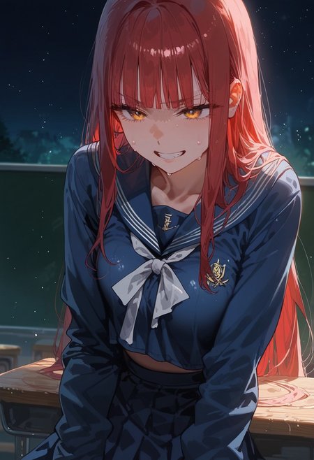 score_9, score_8_up, score_7_up, score_6_up, score_5_up, score_4_up, source_anime,
masterpiece, detailed, detailed body, 
,
volumetric lighting, vibrant colors, light particles, godrays, warm light, 1dk, Expressiveh
girl, solo, ), slim body,  
Sweat, sweaty, wet, shiny, shiny skin, skindentation, 
),
 <lora:zs_SahoriXL_1:1> sahorismtv, long hair, blunt bangs, red hair, blue serafuku, long sleeves, blue skirt, white pantyhose, night, school classroom, evil grin,,  
Motionlines, actionlines,
Expressive eye,
Expressionless,