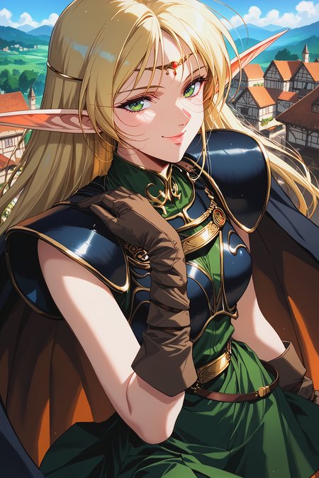 score_9, score_8,  score_7, score_6_up, score_5_up, 
deedlit, circlet, shoulder armor, (breastplate), green tunic, gold choker, arm_wraps, belt,ruby circlet, gold line filigree decoration, short tunic, short skirt, hand up,
1girl, long hair, blonde, elf, navy blue breastplate, navy blue shoulder armor, sleeveless, leather gloves, Cloak, green shirt, brown gloves, two-tone cape, long boots,(long cape),
beautiful face, 24 years old,
smile, green eyes,
bangs,
record of lodoss war,
upper body,  from above, 
medieval village, from above, gold patten trimed, detailed pattern,
<lora:Degen_Deedlit_v1:0.55>,  <lora:TOO_NobuteruYuuki_v3B_PonyXL:0.55>,  <lora:PirotessXLpony001:0.3>,  <lora:Urushihara Satoshi_XL_PONY_V2:0.4>,  <lora:Sinozick_Style_XL_Pony:0.2>,  <lora:DefaultZ17:0.2>,  <lora:style1:0.2>,   <lora:pixivtext2:0.2>,