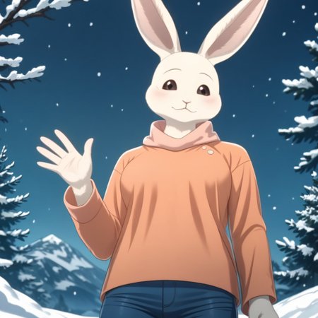 score_9, score_8_up, score_7_up, Expressiveh, masterpiece, best quality, highly detailed, realistic,  1girl, solo, (HaruS3, furry, anthro, lagomorph, female rabbit, pink inner ear, black eyebrows, thin eyebrows, brown sclera, black eyes, glistening eyes, white body, white fur, clothed, orange shirt, orange topwear, blue pants, three-quarter portrait), front view, looking at viewer, blushing, smile, closed mouth, (snow, blue sky, snowing, detailed background), low-angle view, (ultra realistic, 32k, masterpiece:1.2), (high detailed skin:1.1), (high quality:1.1), bokeh, luminescent background, (waving), 5 fingers