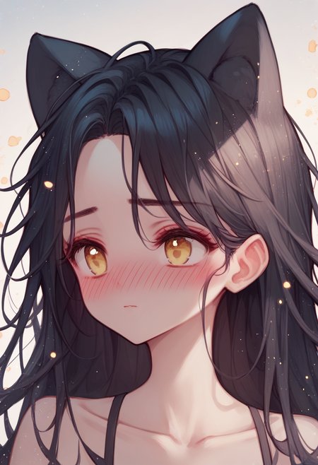 score_9, score_8_up, score_7_up, score_6_up, 1girl, black hair, portrait, animal ears, black ribbon, yellow eyes, collarbone, blush, light particles, 
<lora:tando_v0.4-pony:1>