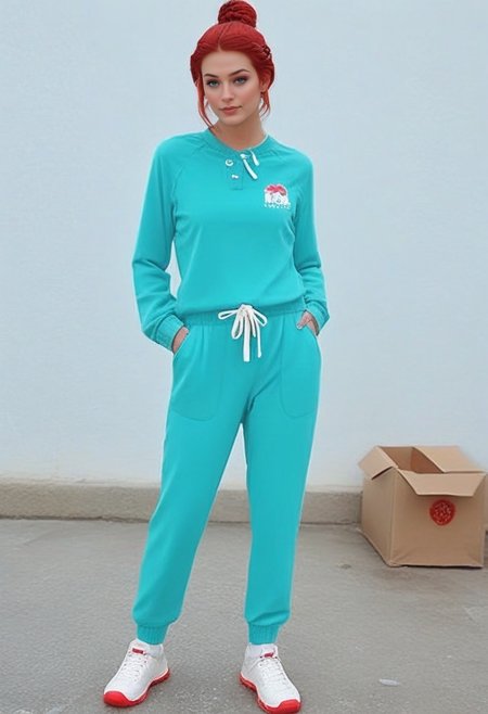 Stable_Yogis_PDXL_Positives 
<lora:train_Sweat_Suit_by_Stable_yogi_bsy_PONY:0.8>
 wearing a 99sweatsuit99 in Cyan color,   pockets, long sleeves, full body,  shoes,
beautiful face, Barbie-inspired makeup style, Box braid bun hairstyle, Plum red hair_color, snow-covered village square