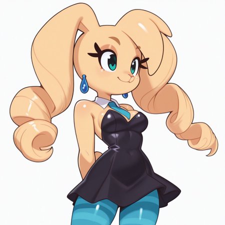 Masterpiece , high quality, 1girl, solo, rabbit girl, blonde body, furry, anthro, blonde fur, 1girl, blonde hair, twin drills,  black school uniform, dress, blue pantyhose, striped pantyhose, rabbit ears, bunny girl,blue earrings, animal ears, animal nose, white background, sassy, medium breasts size, smiling, bare shoulders,sleeveless, anime eyes, detailed eyes, blue tie, eyelashes, aqua cyan eyes, beautiful eyes, bright colors, light eyes color, shiny skin, muscular, solo, dynamic pose