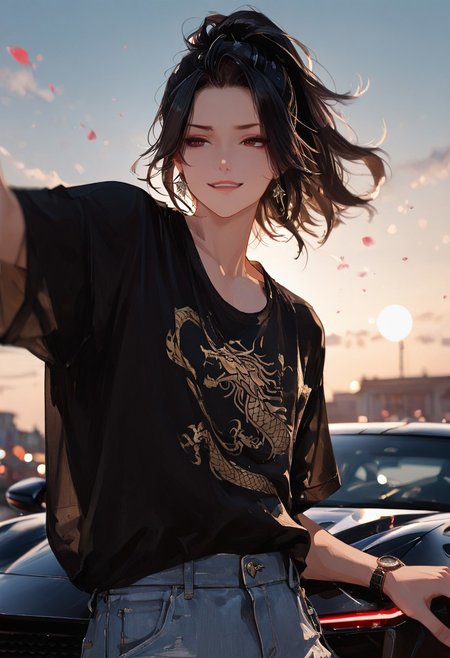 masterpiece, best quality, good quality, very aesthetic, absurdres, 
newest, 8K, depth of field, focused subject,visual storytelling,dynamic composition,
close up, stylized, scenery, bokeh,blurred background, 
Black Myth Wukong, male sun wukong, 
chinese mythology,( dynamic pose:1.3), smirking face,
upper body focus,
casual clothes, wearing luxurious jeans and luxurious black t-shirt with gothic design, expensive black watch
windblown hair, 
dramatic sky, celestial clouds, floating mountains, mythic scale, sakura petals, mystic mist, 
cinematic composition, backlighting, volumetric light, vegas city scene, symbolic environment, god-tier illustration,(sketch:1.3), laying on a lamborghini aventador with spoiler and body kit (car is black, chrome carbon fiber details)