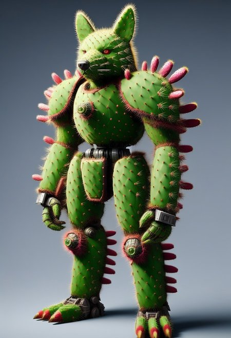 score_9, score_8_up, score_7_up, cs-l3ath3r, NCRender, 
Hidegarurumon is a fierce, wolf-like Digimon covered in rugged, dark brown Prickly Cactus armor. Its fur is sparse and resembles a patchwork of aged, Prickly Cactus  pieces that provide both flexibility and durability. The armor on its body is reinforced with Prickly Cactus  straps and buckles, designed to offer both protection and mobility. Its glowing yellow eyes shine through a mask-like Prickly Cactus  faceplate, and sharp Prickly Cactus claws extend from its paws, capable of tearing through most materials. A large, jagged Prickly Cactus tail swishes behind it, hardened to serve as both a weapon and a tool for balance in combat. NCRender