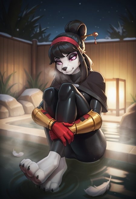 yorsiz.,  outdoors, undershirt, falling feathers, black bodysuit, hair stick, hugging own legs, , gauntlets,   eyeshadow,   red gloves, black capelet, red hairband, pink eyes, medium hair, black hair, 1girl, solo,  dynamic angle, foreshortening, furry, furry female, anthro, paws, claws, pawpads, steam, smell, visible, breath, onsen, water