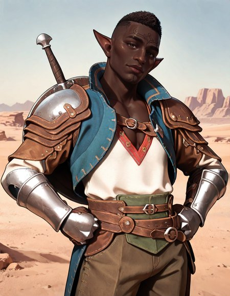 masterpiece, best quality, absurdres, newest, perfect quality, best quality, absolutely eye-catching, detailed background, intricate details, realistic, male focus, <lora:Dragon Age Veilguard - Davrin - Illustrious-000009:0.7>,  dav_davrin, 1boy, mature male, elf, pointy ears, very dark skin, curly hair, buzz cut, dark brown eyes, facial tattoo, white shirt, v-neck, pants, coat, side cape, gauntlets, single pauldron, contrapposto, looking at viewer, cowboy shot, hands on hips, outdoors, desert, head tilt, shield on back, sword