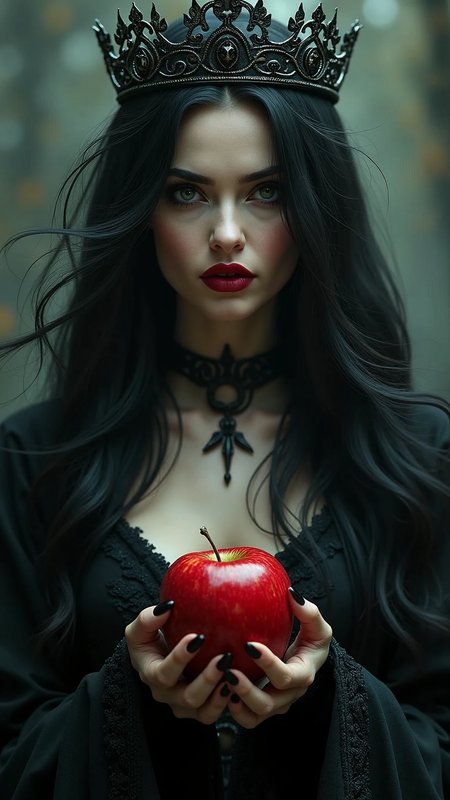 score_9, score_8_up, score_7_up,  Girl,Black long hair，Black Queen，accessories，Apple in hand，Poison apples，Witch Queen，Red lipstick, 3D render" CyberRealistic Photorealistic, hyperrealistic, Unreal Engine 5